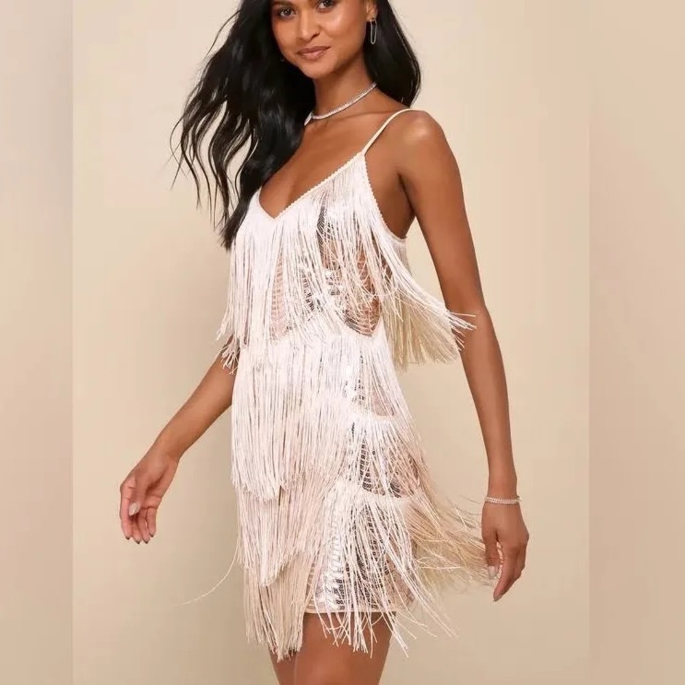 Lulu's Cream Fringe Mini Dress